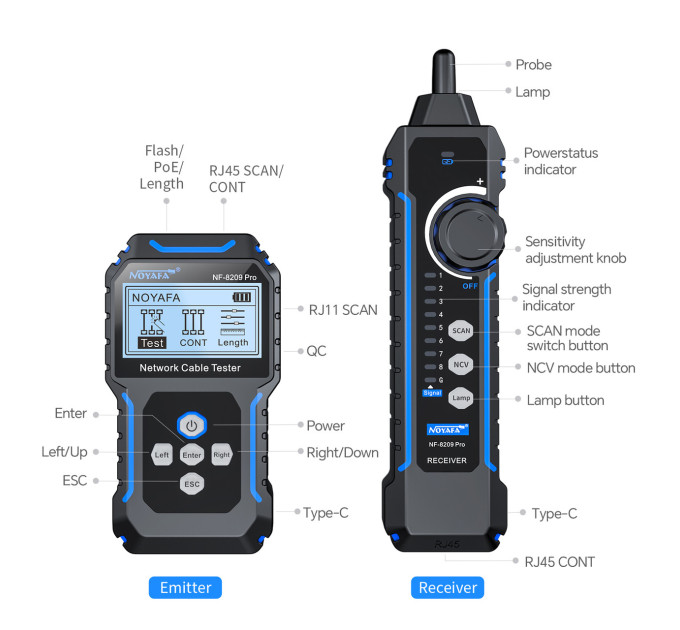 Кабельный тестер Noyafa NF-8209 pro Сетевой тестер кабеля, трассоискатель, PoE тестер, измерение длины кабеля (19405)