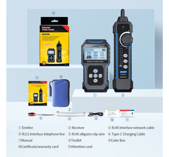 Кабельный тестер Noyafa NF-8209 pro Сетевой тестер кабеля, трассоискатель, PoE тестер, измерение длины кабеля (19405)