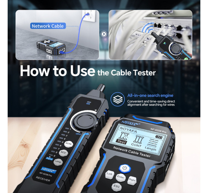 Кабельный тестер Noyafa NF-8209 pro Сетевой тестер кабеля, трассоискатель, PoE тестер, измерение длины кабеля (19405)