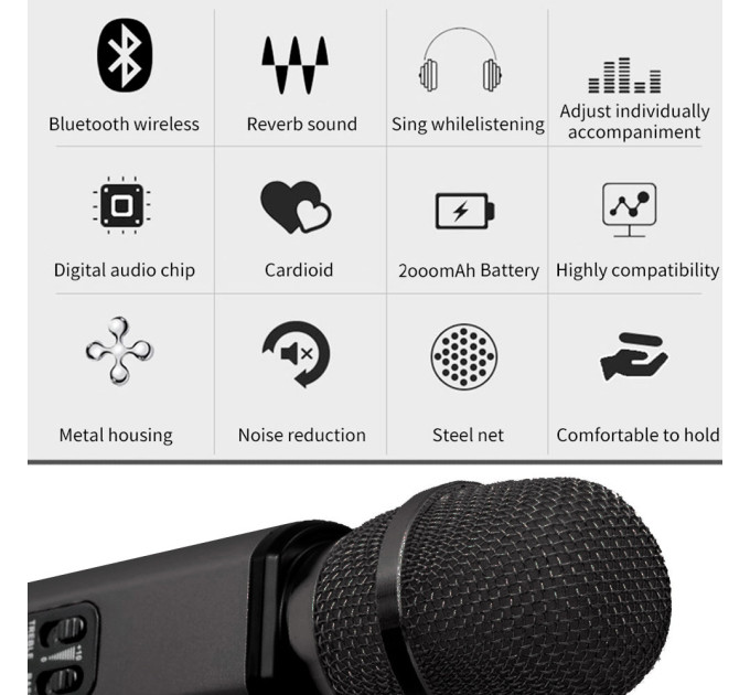 Караоке-микрофон беспроводной Losso K6 Premium со встроенным динамиком и Bluetooth (Black) (18963)