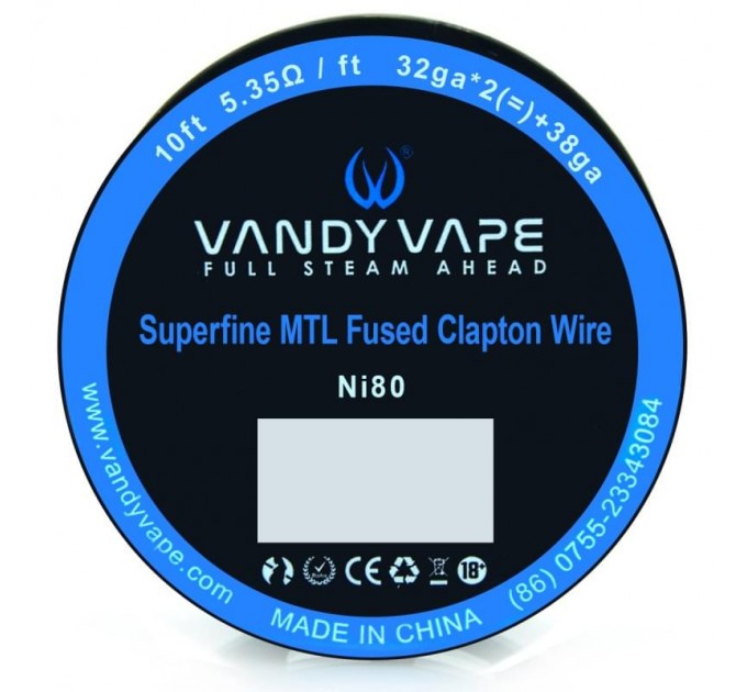 Катушка спирали Vandyvape Superfine MTL Fused Clapton Ni80 Wire Original Coil 3.05 м (32ga*2(=)+38ga - 5.35 Ом)