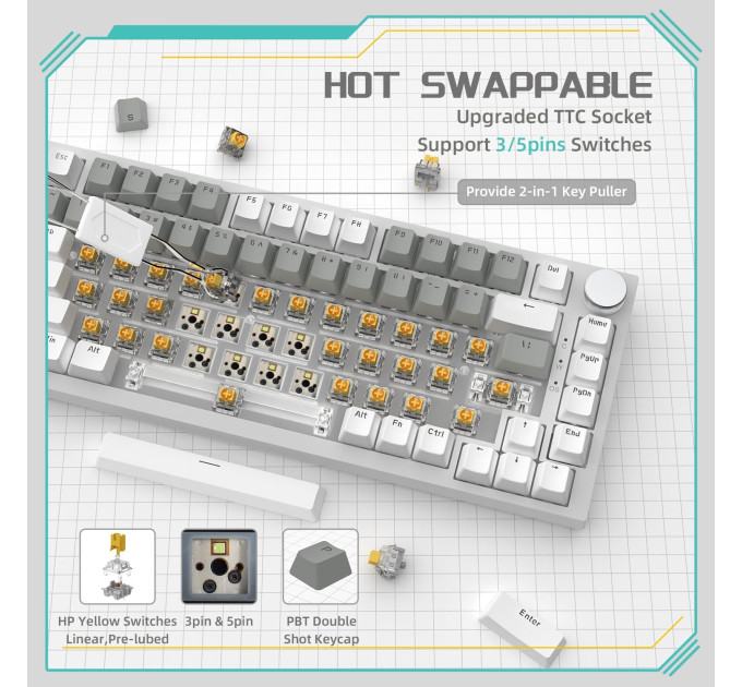 Клавиатура механическая AJAZZ AK820 Yellow Switch Белая LED-подсветка / Раскладка 75% (White Gray) (19575)