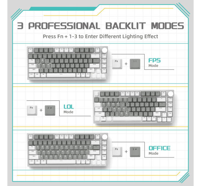 Клавиатура механическая AJAZZ AK820 Yellow Switch Белая LED-подсветка / Раскладка 75% (White Gray) (19575)