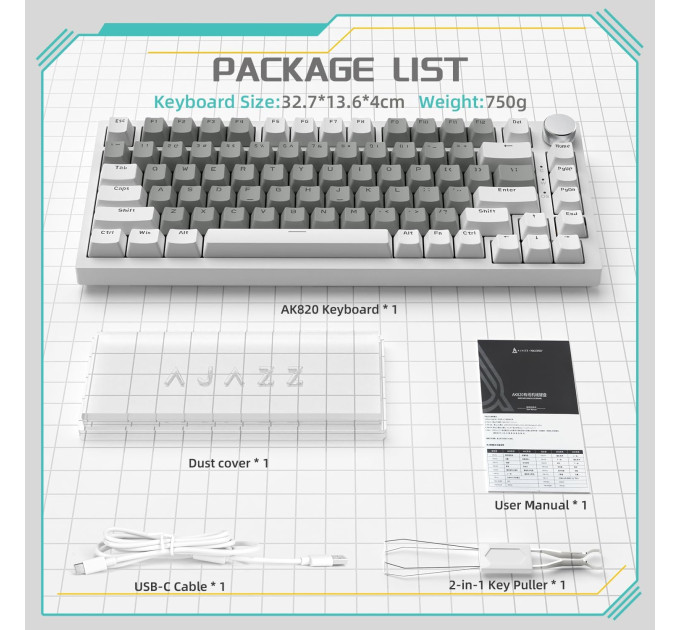 Клавиатура механическая AJAZZ AK820 Yellow Switch Белая LED-подсветка / Раскладка 75% (White Gray) (19575)