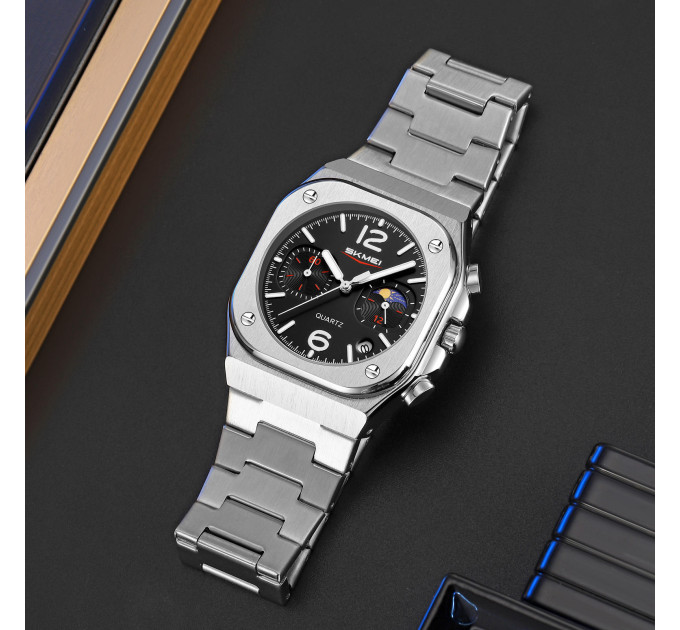 Мужские наручные часы Skmei 9368 Original кварцевые на металлическом браслете (Silver Black, 9368SIBK) (19161)