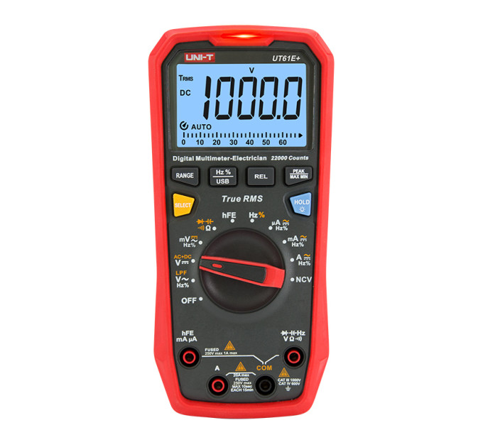 Мультиметр UNI-T UT61E+ Цифровой мультитестер; Напряжение DC/AC; Ток DC/AC; R; C; Прозвонка цепи; тест Диодов-транзисторов, NCV, Live, частота, емкость (19825)