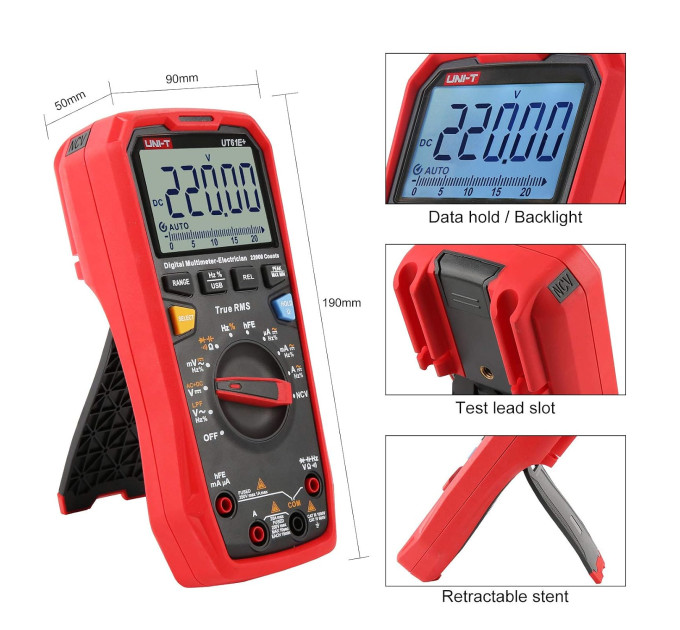 Мультиметр UNI-T UT61E+ Цифровой мультитестер; Напряжение DC/AC; Ток DC/AC; R; C; Прозвонка цепи; тест Диодов-транзисторов, NCV, Live, частота, емкость (19825)
