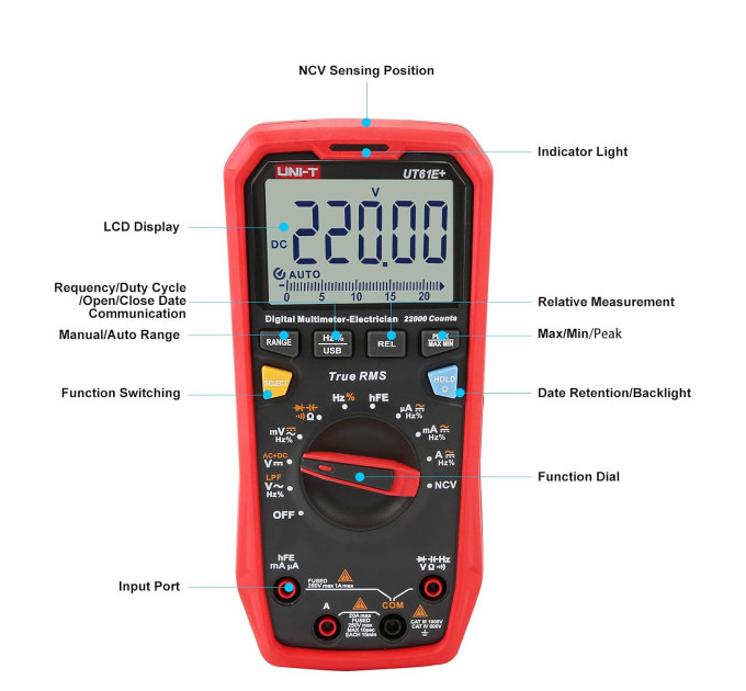 Мультиметр UNI-T UT61E+ Цифровой мультитестер; Напряжение DC/AC; Ток DC/AC; R; C; Прозвонка цепи; тест Диодов-транзисторов, NCV, Live, частота, емкость (19825)