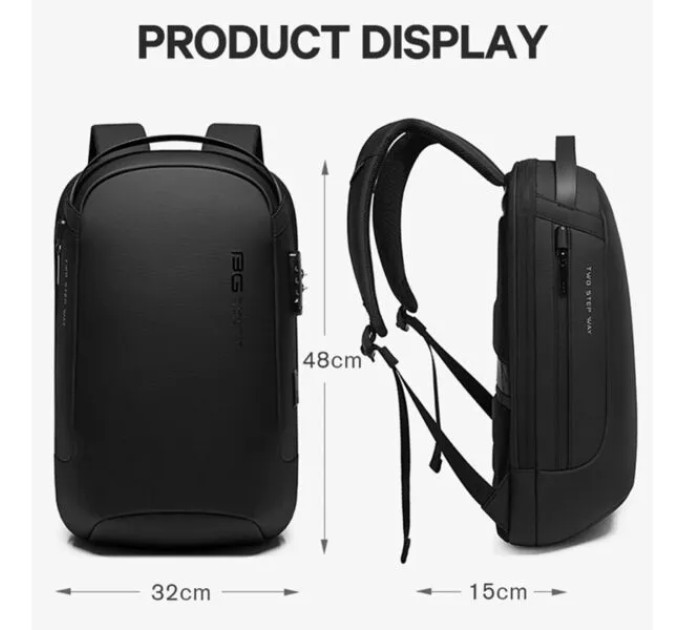 Рюкзак городской Bange BG-7225 20л ранец с отсеком для ноутбука до 15.6'' USB-разъем и замком (Black) (19375)