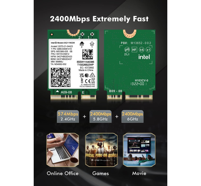 Сетевая карта Intel WIFI 6E AX211NGW CNVIO2 Трехдиапазонный адаптер, MU-MIMO, Bluetooth модуль для ПК / Ноутбука (19528)