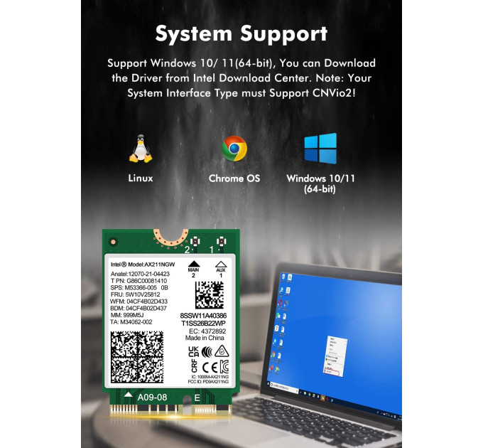 Сетевая карта Intel WIFI 6E AX211NGW CNVIO2 Трехдиапазонный адаптер, MU-MIMO, Bluetooth модуль для ПК / Ноутбука (19528)