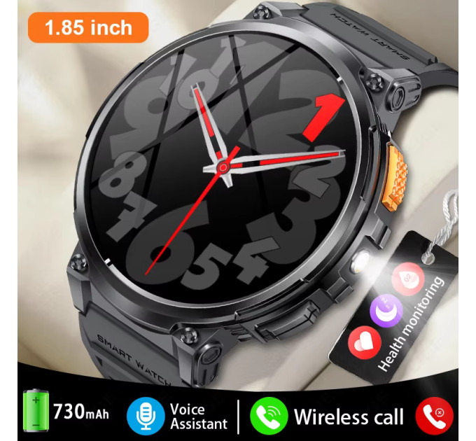 Тактические смарт часы с фонариком LEMFO K66 Original силиконовый ремешок (Black Black) (18359)