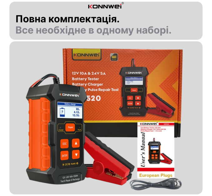 Зарядное устройство 12В 10А / 24В 5А Тестер акумуляторних батарей автомобильный Konnwei KW520 цифровой анализатор батарей, десульфатор 12V/24V, 4-150Ah (Black) (19507)