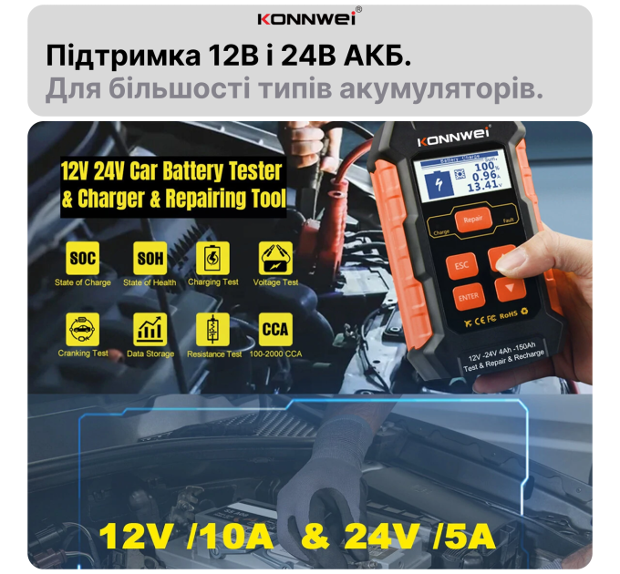 Зарядное устройство 12В 10А / 24В 5А Тестер акумуляторних батарей автомобильный Konnwei KW520 цифровой анализатор батарей, десульфатор 12V/24V, 4-150Ah (Black) (19507)