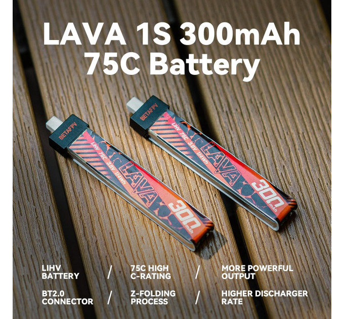 Аккумулятор BetaFPV Lava 1S 300 mAh 75C 3.8V LiHV LiPo BT2.0 FPV для Cetus X, Cetus Pro, Meteor (18765)