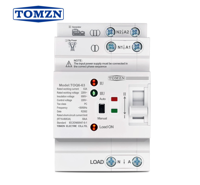 Автоматический ввод резерва АВР TOMZN TOQ6 L+N 2P 230V 63A переключатель питания однофазный 2х полюсний (19633)