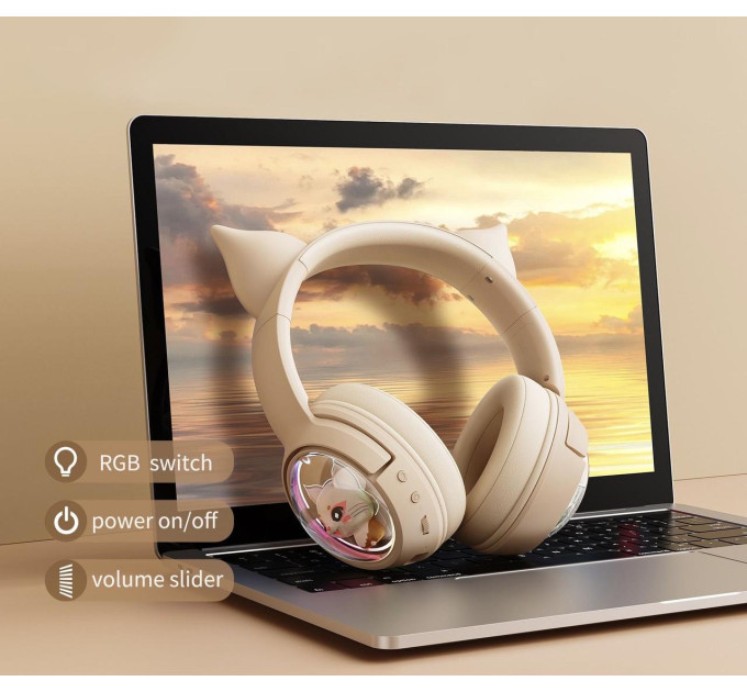 Беспроводные игровые наушники с ушками Onikuma B5 Bluetooth гарнитура с микрофоном и RGB подсветкой (Beige) (19239)