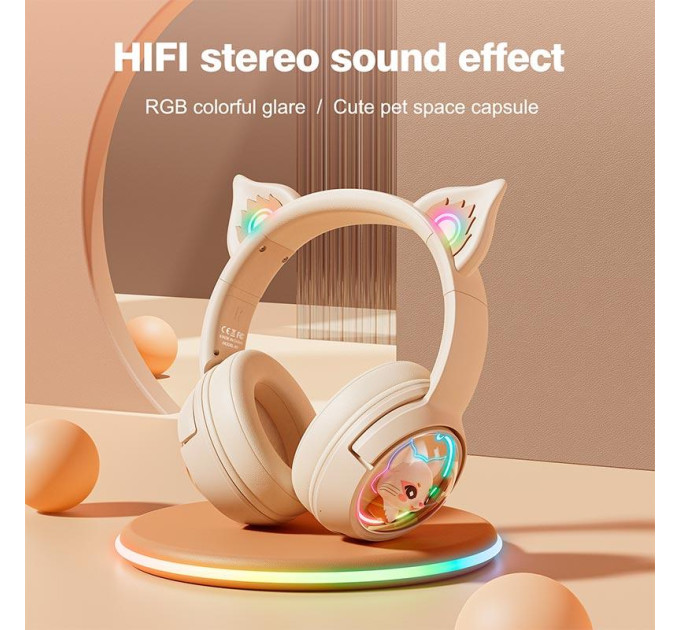 Беспроводные игровые наушники с ушками Onikuma B5 Bluetooth гарнитура с микрофоном и RGB подсветкой (Beige) (19239)