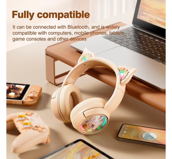 Беспроводные игровые наушники с ушками Onikuma B5 Bluetooth гарнитура с микрофоном и RGB подсветкой (Beige) (19239)