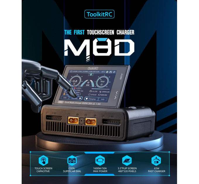 Двухканальное зарядное устройство ToolkitRC M8D 1600W 50А для FPV 1-8S M6D M7 ADP100 ADP200 Q4AC Q6AC FlyOk (Black) (18759)