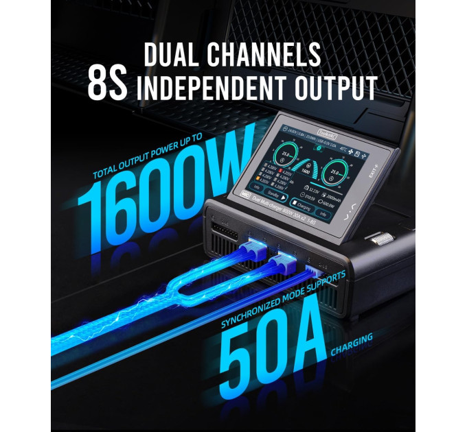 Двухканальное зарядное устройство ToolkitRC M8D 1600W 50А для FPV 1-8S M6D M7 ADP100 ADP200 Q4AC Q6AC FlyOk (Black) (18759)