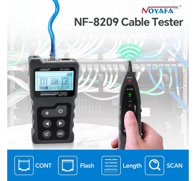 Кабельный тестер Noyafa NF-8209 Сетевой тестер кабеля, трассоискатель, PoE тестер, измерение кабеля (19695)