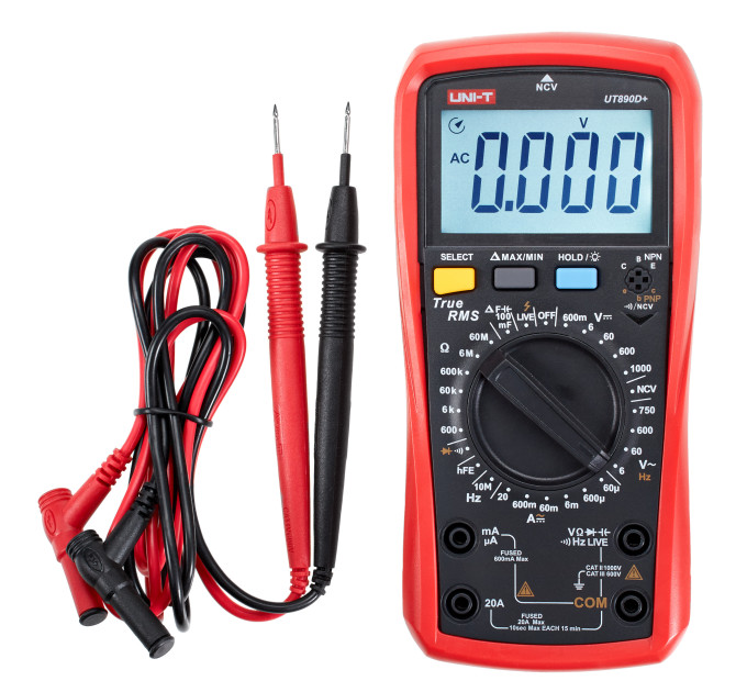 Мультиметр UNI-T UT890D+ Цифровой мультитестер; Напряжение DC/AC; Ток DC/AC; R; C; Прозвонка цепи; тест Диодов-транзисторов, NCV, Live, частота, емкость (19822)