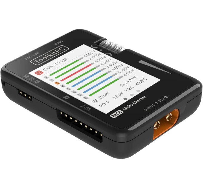 Мультитестер с быстрой зарядкой ToolkitRC MC8 20W для FPV 2-8S балансировка батарей, измеритель сигналов PWM PPM SBUS ШИМ, USB-C (Black) (18762)