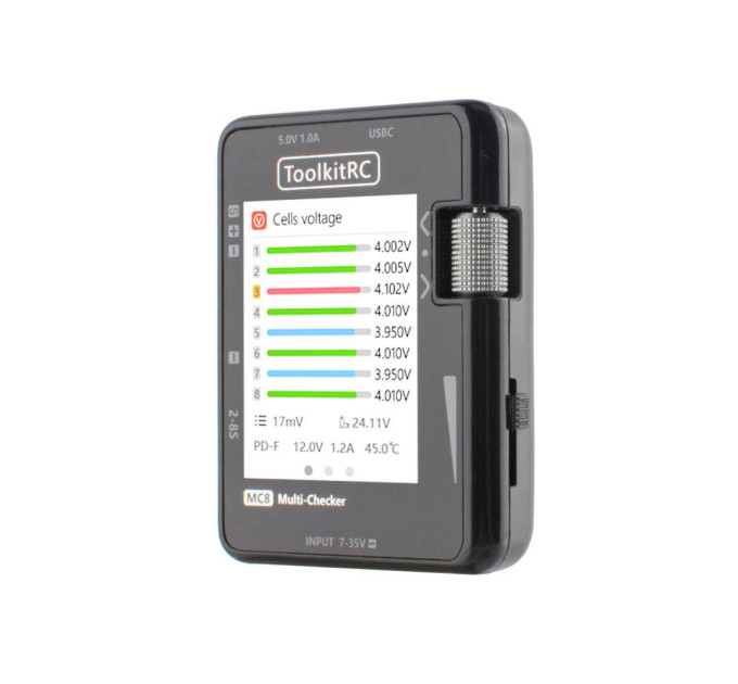 Мультитестер с быстрой зарядкой ToolkitRC MC8 20W для FPV 2-8S балансировка батарей, измеритель сигналов PWM PPM SBUS ШИМ, USB-C (Black) (18762)