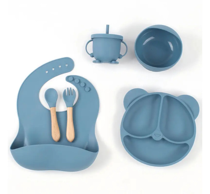 Набор детской силиконовой посуды для кормления на присосках 6 предметов (Blue) (18971)