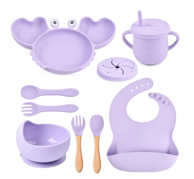 Набор детской силиконовой посуды для первого прикорма на присосках 9 предметов Краб (Purple) (18976)