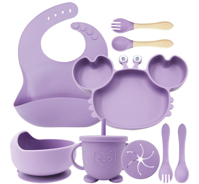 Набор детской силиконовой посуды для первого прикорма на присосках 9 предметов Краб (Purple) (18976)