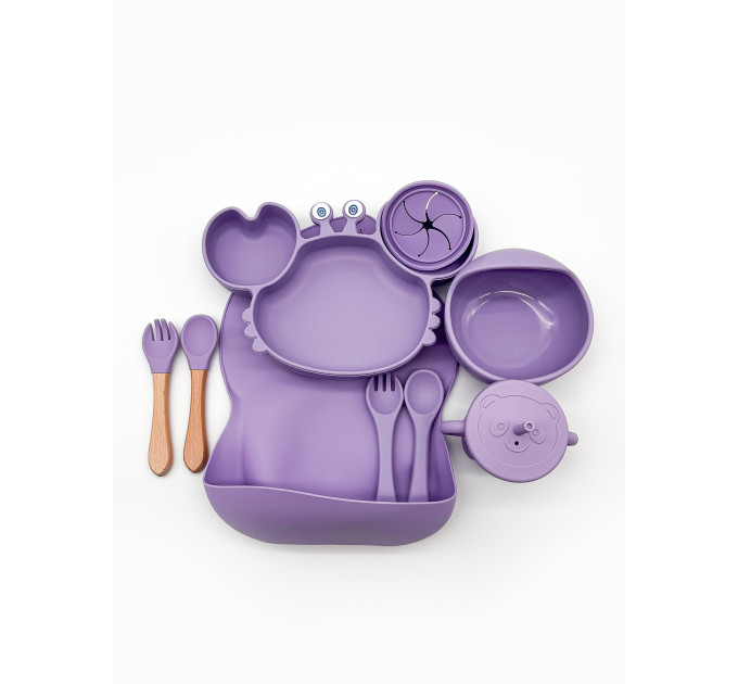 Набор детской силиконовой посуды для первого прикорма на присосках 9 предметов Краб (Purple) (18976)