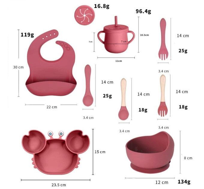 Набор детской силиконовой посуды для первого прикорма на присосках 9 предметов Краб (Purple) (18976)