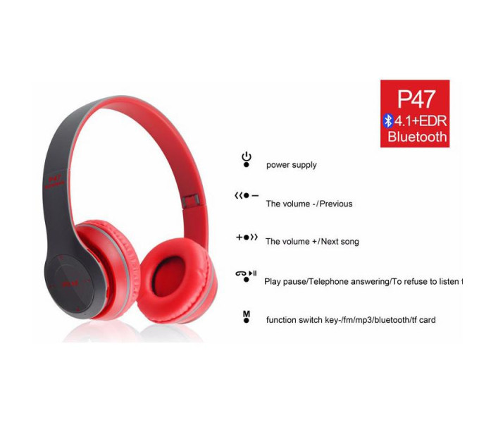 Наушники беспроводные P47 споддержкой карты памяти + встроенным FM-радио (Red Gray) (18178)