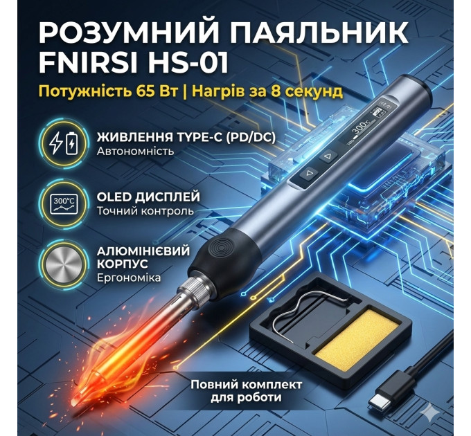 Паяльник портативный Fnirsi HS-01 Set4 профессиональный с регулировкой температуры 65Вт 80-420°C (Blue) (19688)