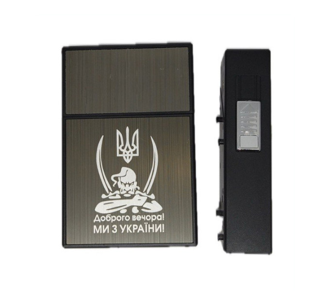 Портсигар на 20 сигарет з запальничкою та електричною прикуривателем HL-424 (Black Brown Козак) (15697)