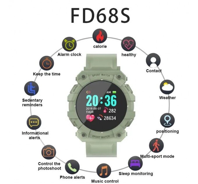 Сенсорные умные смарт-часы FD68S (Green) (16102)