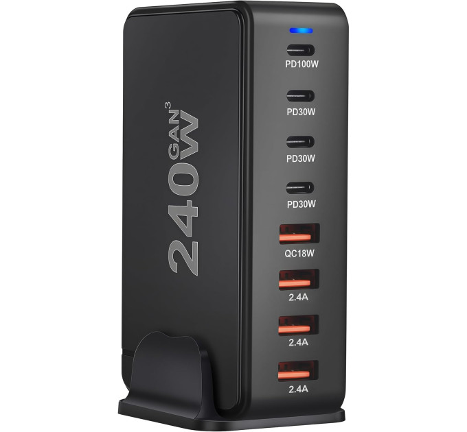 Сетевая зарядная станция ILEPO 240W на 4 USB+4 Type-C мультизарядное устройство мощный блок питания (Black) (19338)