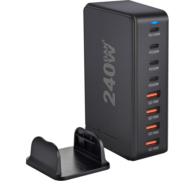 Сетевая зарядная станция ILEPO 240W на 4 USB+4 Type-C мультизарядное устройство мощный блок питания (Black) (19338)