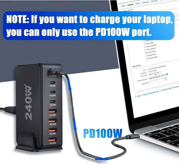 Сетевая зарядная станция ILEPO 240W на 4 USB+4 Type-C мультизарядное устройство мощный блок питания (Black) (19338)