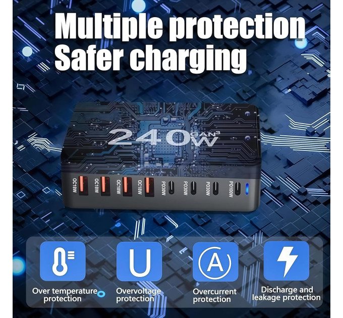 Сетевая зарядная станция ILEPO 240W на 4 USB+4 Type-C мультизарядное устройство мощный блок питания (Black) (19338)