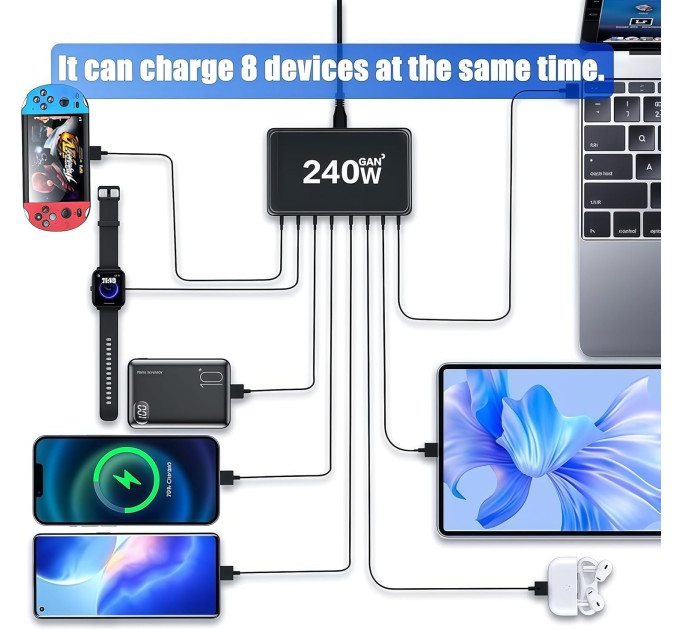 Сетевая зарядная станция ILEPO 240W на 4 USB+4 Type-C мультизарядное устройство мощный блок питания (Black) (19338)