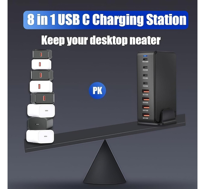 Сетевая зарядная станция ILEPO 240W на 4 USB+4 Type-C мультизарядное устройство мощный блок питания (Black) (19338)