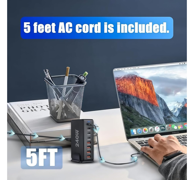 Сетевая зарядная станция ILEPO 240W на 4 USB+4 Type-C мультизарядное устройство мощный блок питания (Black) (19338)