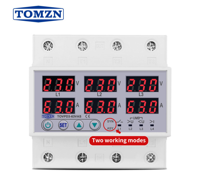 Цифровое реле контроля напряжения и тока трехфазное TOMZN TOVPD3-63VAS 63A 3×220V Умный защитный автомат переменного тока (19600)