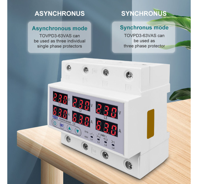 Цифровое реле контроля напряжения и тока трехфазное TOMZN TOVPD3-63VAS 63A 3×220V Умный защитный автомат переменного тока (19600)