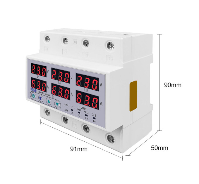 Цифровое реле контроля напряжения и тока трехфазное TOMZN TOVPD3-63VAS 63A 3×220V Умный защитный автомат переменного тока (19600)