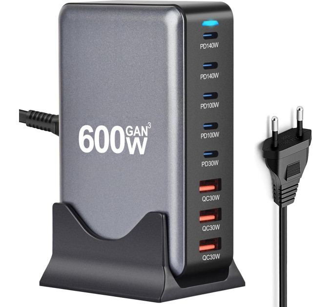 Зарядная станция многопортовая ILEPO 600W на 3 USB + 5 Type-C / сетевое мультизарядное устройство (Black) (19027)