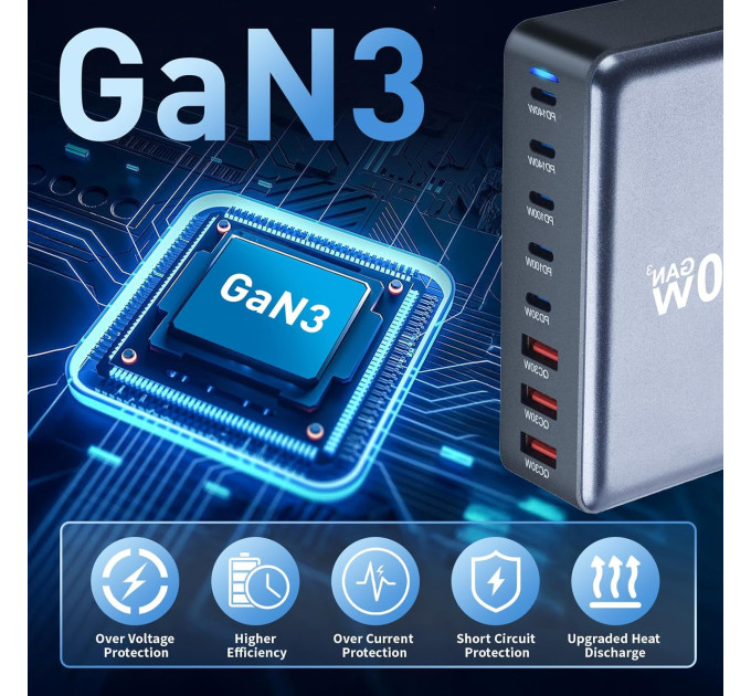 Зарядная станция многопортовая ILEPO 600W на 3 USB + 5 Type-C / сетевое мультизарядное устройство (Black) (19027)